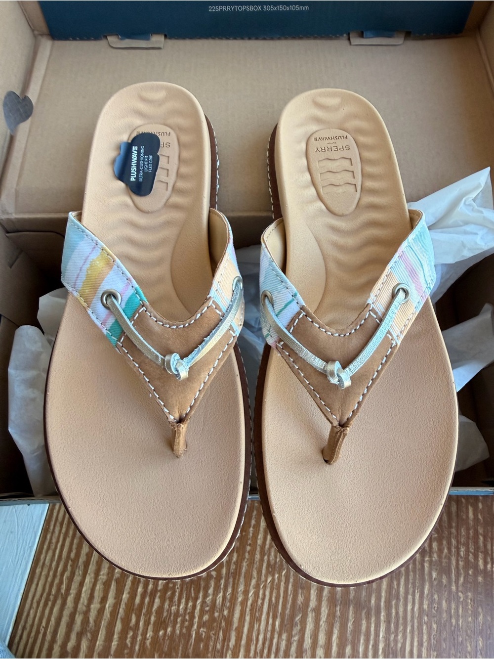 Sperry Tan Flip Flop Sandals with Pastel Striped Straps